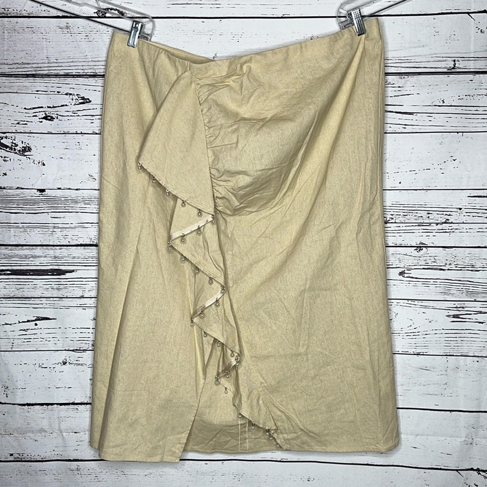 Eloquii NWT Size 22 Tan - Pearl Embellished Fringe Linen Blend Midi Skirt